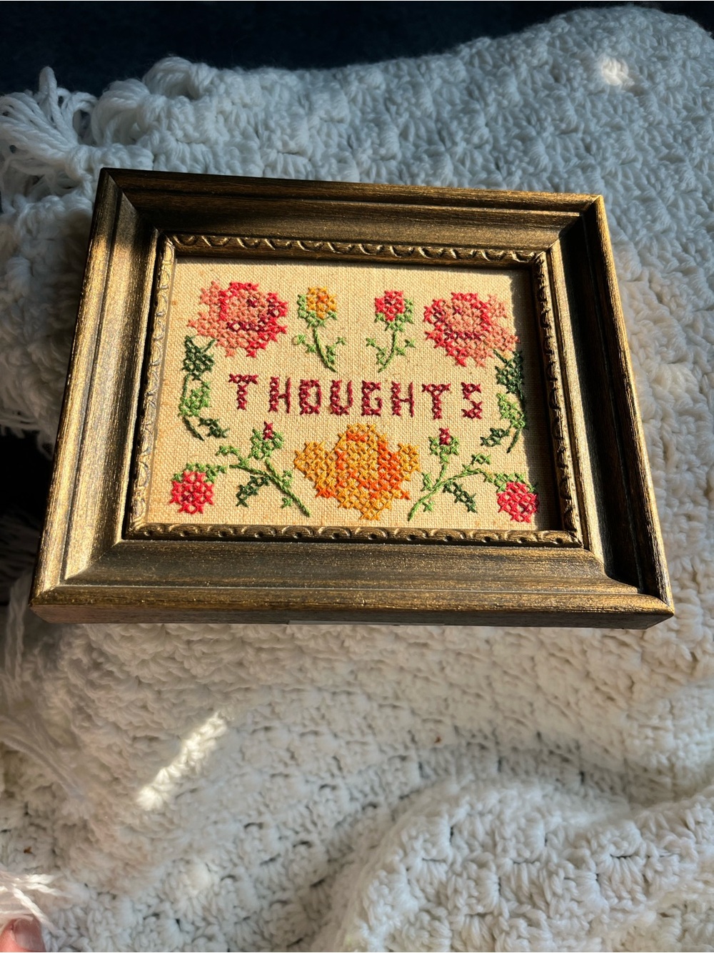 Framed Cross-Stitch 'THOUGHTS' Floral Sampler in Gold Frame